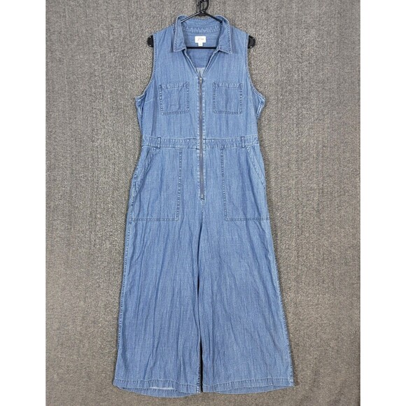 J Crew Jumpsuit Womens 16 Blue Chambray Denim Sleeveless Wide Leg Zip Front - Picture 1 of 16